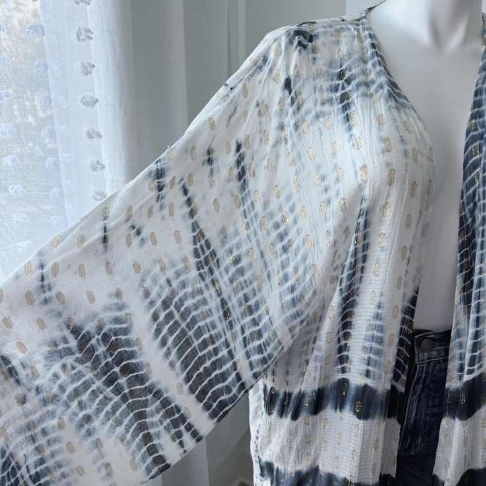 Anthropologie Vada White Blue Gold Shimmer Cocoon Kimono Women’s One Size - Picture 5 of 12